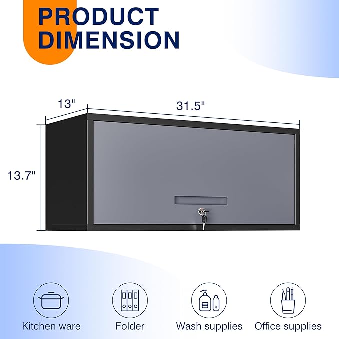 Yizosh Metal Garage Wall Cabinet with Doors, Wall Mounted Metal Storage Cabinet, Floating Garage Tool Cabinet for Garage, Basement, Kitchen, Warehouse (Black Gray, 13.7" H)