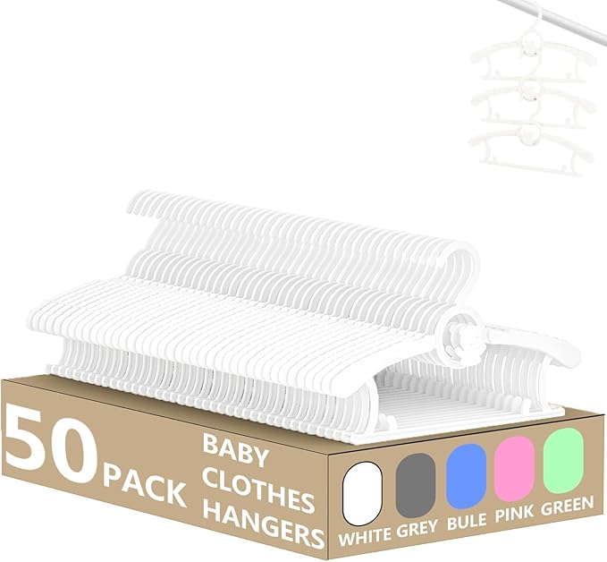 HGYZE Baby Hangers for Closet 50pcs, White Kids Clothes Hanger Plastic, 11-14" Adjustable Bulk Perchas for Newborn, Non-Slip Children Outfit Bear Hanger for Girl Boy Toddler Infant Nursery Clothing