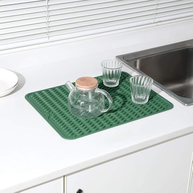 MicoYang Silicone Dish Drying Mat for Multiple Usage,Easy clean,Eco-friendly,Heat-resistant Silicone Mat for Kitchen Counter or Sink,Refrigerator or drawer liner Green L 16 inches x 12 inches