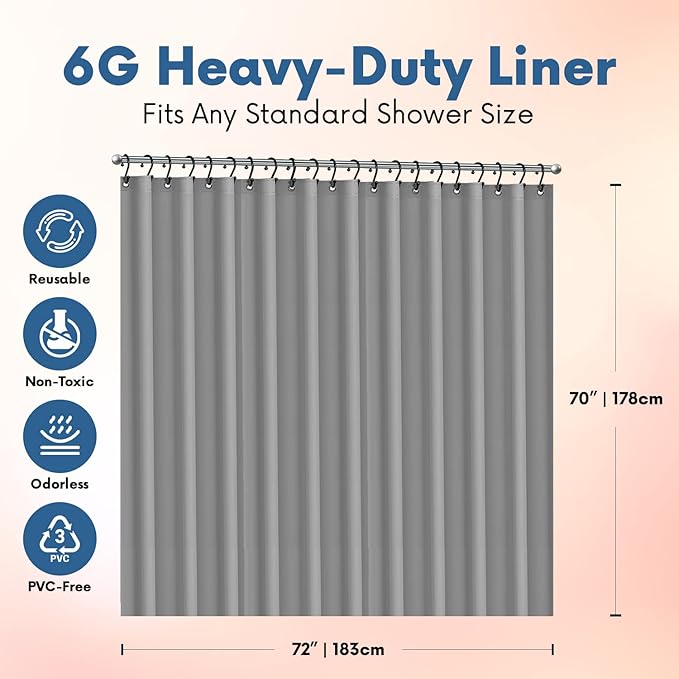 Premium Shower Curtain Liner, 72"W X 70"H - PVC-Free, 6G PEVA Shower Curtain with 12 Rust Proof Grommets And Magnet-weighted Bottom Hem - Moisture Stain Proof Shower Curtain Liner - Gray