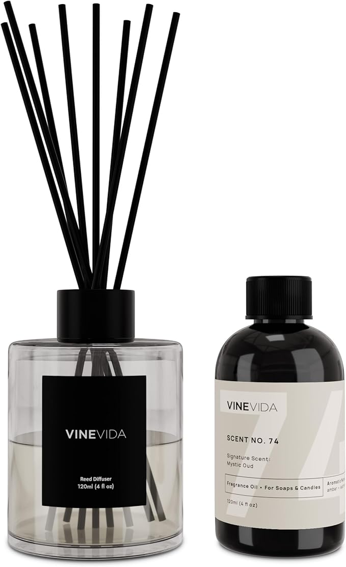 VINEVIDA Scent NO. 74 Reed Diffuser - 120mL (4oz) - Signature Scent: Mystic Oud, Reed Diffusers for Home, Office, Bathroom, Made in USA Scent Diffuser Sticks, Room Fragrance Diffuser