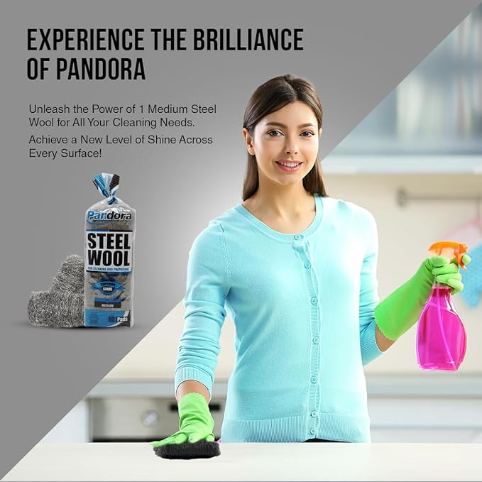 Pandora Steel Wool #1 – Medium Grade, 32 Pads for Cleaning and Preparing- Metal Strands - Ideal for Linoleum Floors, Bowling Balls, and Shoe Soles