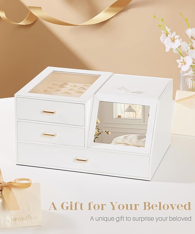 Homde Women Mirror Jewelry Box: Organizer Case with Clear Lid for Ring Necklace Earring - Birthday Gift for Young Women (White)