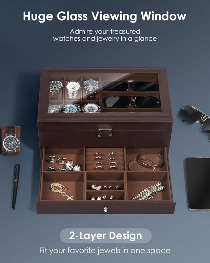 Kukikan Watch Jewelry Box Organizer, 6-Slot 2-Layer Watch Case and Sunglasses Storage with Large Glass Lid, Men's Jewelry Box with Lock, Watch Holder Display Case, Gift for Men Women