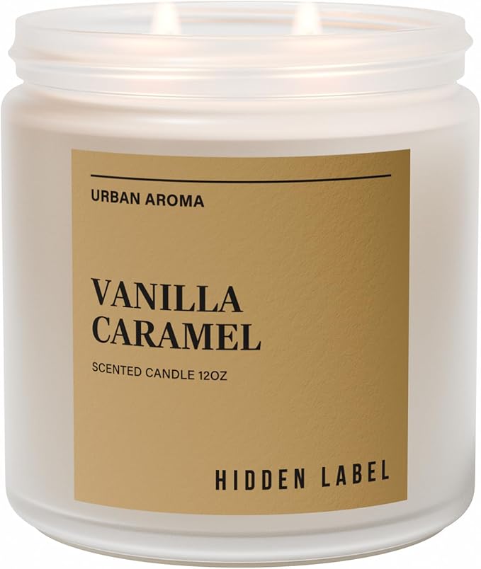Hidden Label Vanilla Caramel Scented Candle, 12oz 2 Wick Non Toxic Candles for Home Scented, Natural Soy Wax Clean Burning Aromatherapy Candle, 70H Long Lasting for Gifts Stress Relief & Relaxation