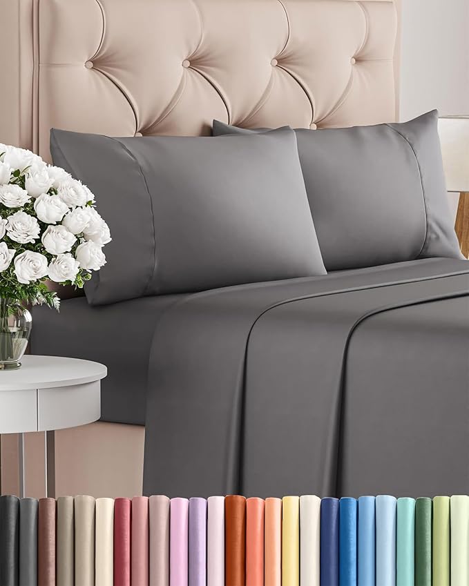 Twin XL 4 Piece Sheet Set - Comfy Breathable & Cooling - Ultra-Soft Hotel Luxury Bedding Set w/ 8-16 Inch Deep Pockets - 1 Flat & 1 Fitted Sheet & 2 Pillowcases - Wrinkle Free & Easy Care - Dark Grey