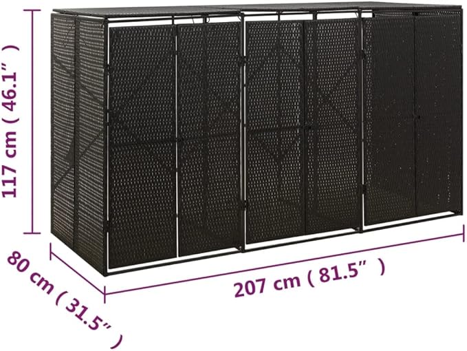 Triple Wheelie Bin Shed Garbage Can Storage Shed, PE Trash Container Management Unit, Outdoor Patio Recycling Dustbin Trash Shed, Black 81.5"x31.5"x46.1" Poly Rattan -AA