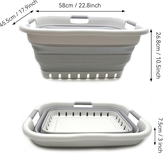 SAMMART 41L (10.8 gallon) Set of 2 Collapsible 3 Handled Plastic Laundry Basket-Foldable Pop Up Storage Container/Organizer-Space Saving Hamper/Basket (2, Grey/Grey)