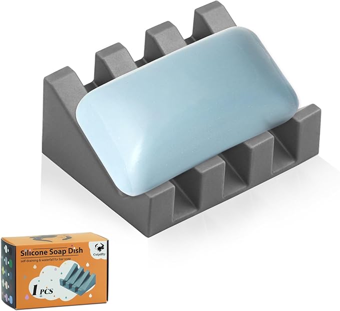 Coipdfty Self Draining Soap Dish Holder,Silicone Soap Dish,for Bathroom,Kitchen, Sponges，Can Extend Soap Life，Keep Soap Bars Dry and Easy Cleaning (Grey,1-Pack)