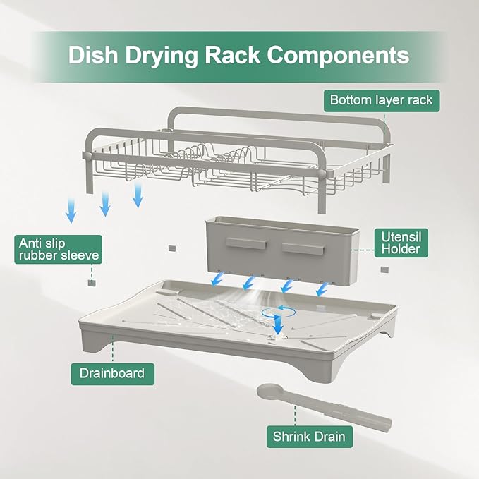 HOMEAILIE Dish Drying Rack,Dish Racks for Kitchen Counter,Metal Dish Drainer with Adjustable Drainage Spout,Removable Knife and Fork Holder (Grey)