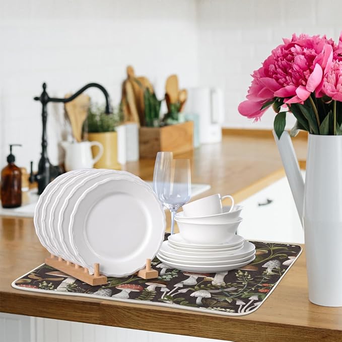 Hexteria Mushroom Dish Drying Mat For Kitchen Counter 18 X 24 Inch, Microfiber Absorbent Dish Drainer Mat for Countertops Protector Pad