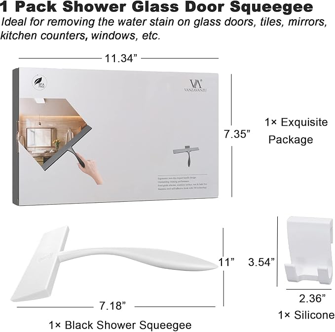 Squeegee for Shower Glass Door, 11-Inch Shower Squeegee for Glass Doors, Bathroom Silicone Squeegees Wiper for Shower with Non-Slip Handle, No-Drilling Silicone Hanging Hook, for Tiles, Mirror(White)