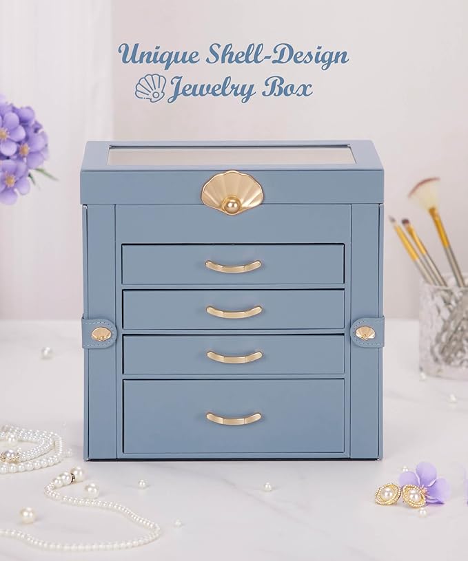 Jewelry Box with 4 Drawers: Display Organizer for Earrings Necklaces - Gifts for Girls Women (Grey Blue)