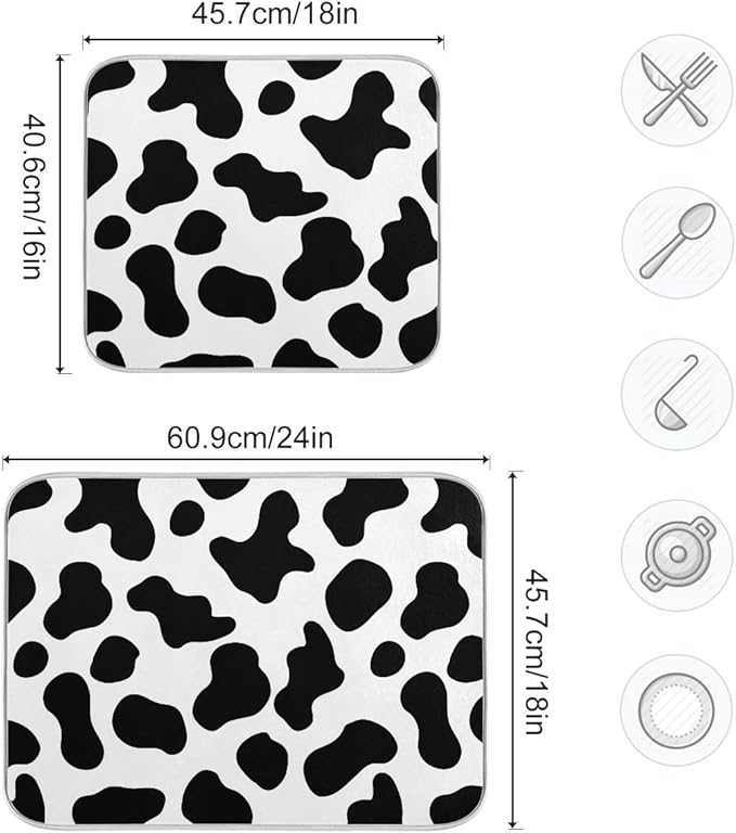Cow Spots Black and White Dish Drying Mat 16x18 for Kitchen Counter Rustic Farm House Country Style Dishes Pad Absorbent Fast Dry Dish Draining Mats Large Kitchen Accessories