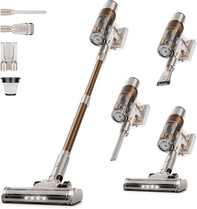 Clinkal Cordless Vacuum Cleaner: 40KPA Powerful Suction Cordless Stick Vacuum Cleaners for Home, Anti-Tangle Brush, Lightweight, 6-in-1 Rechargeable Vacuum for Pet Hair/Carpet/Hard Floor(Off-White)
