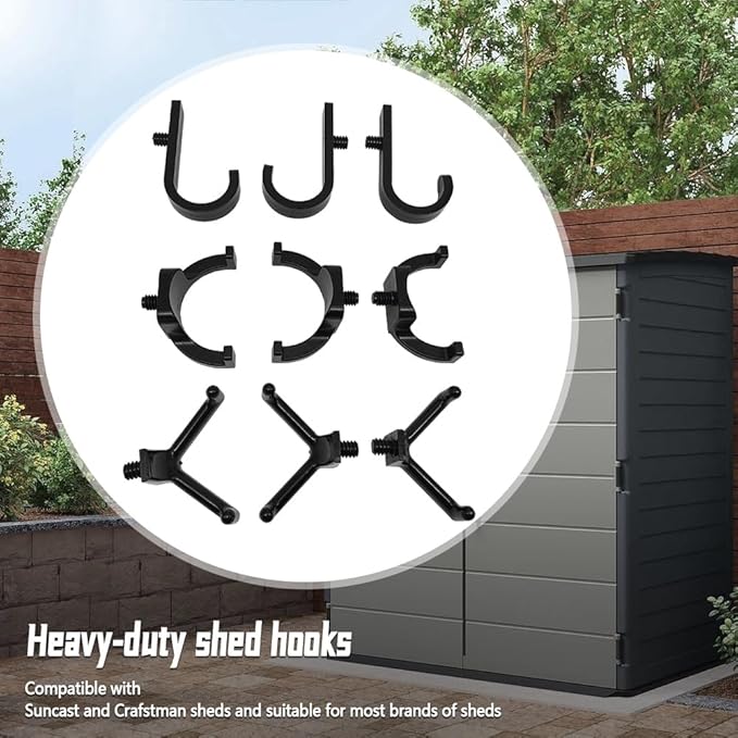 9 Pcs ABS Storage Shed Tool Hooks Shed Tool Hangers Fit for Suncast & Craftsman Sheds Include J-Shape, U-Shape and V-Shape for Organizing Tool, Ladders, Bulk Items, Hoses & Garden Tools Black
