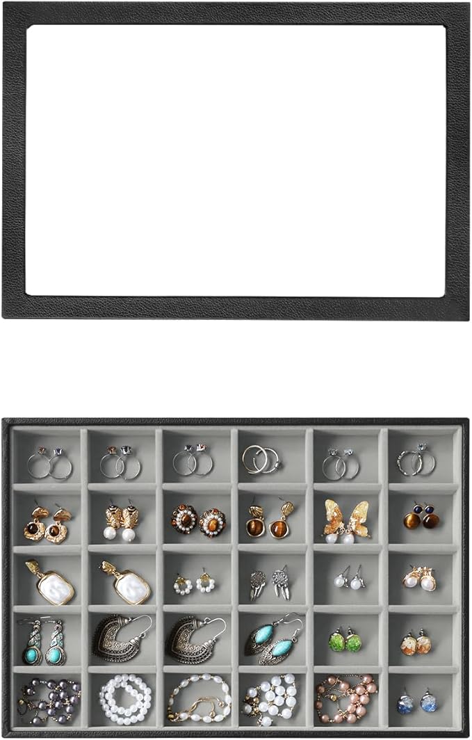 Wudygirl Jewelry Organizer 30 Grid Jewelry Tray with Lid Earring Holder Organizer for Women Ring Earring Bracelet Holder Storage (Pu Black Gray)