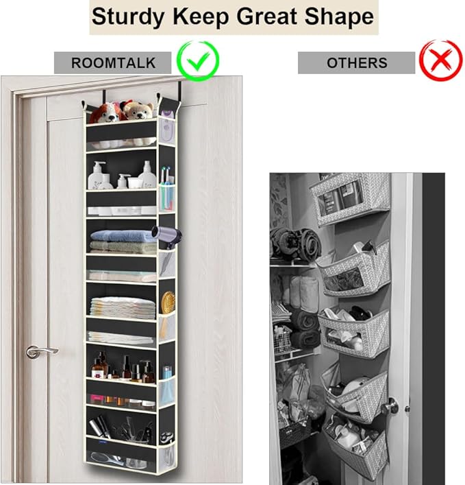 roomtalk 2 Pack Over The Door Hanging Organizer - 6 Shelves & 12 Side Pockets, Over The Door Storage for Baby Accessories & Children's Toys (13"x5"x54", Black)