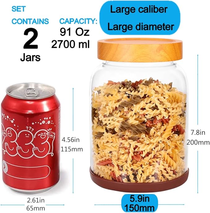 SAIOOL 2-Pack Striped Borosilicate Glass Airtight Canisters - Big mouth Large Capacity, Acacia Wood Lid, Food Storage Jars for Flour, Pasta, Pantry Organization (3/4 Gallon （Strew 2 pack）)