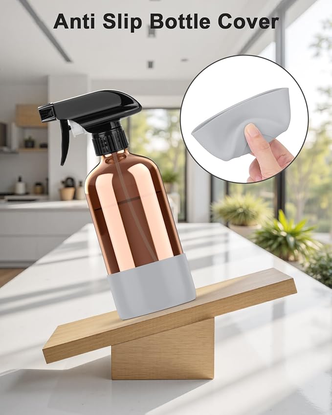 Bontip Amber Glass Spray Bottle with Silicone Sleeve Protection, 16 oz Refillable Spray Bottle for Cleaning Solutions, Plants, Aromatherapy, Facial Hydration (Grey Sleeve(Amber Bottle)