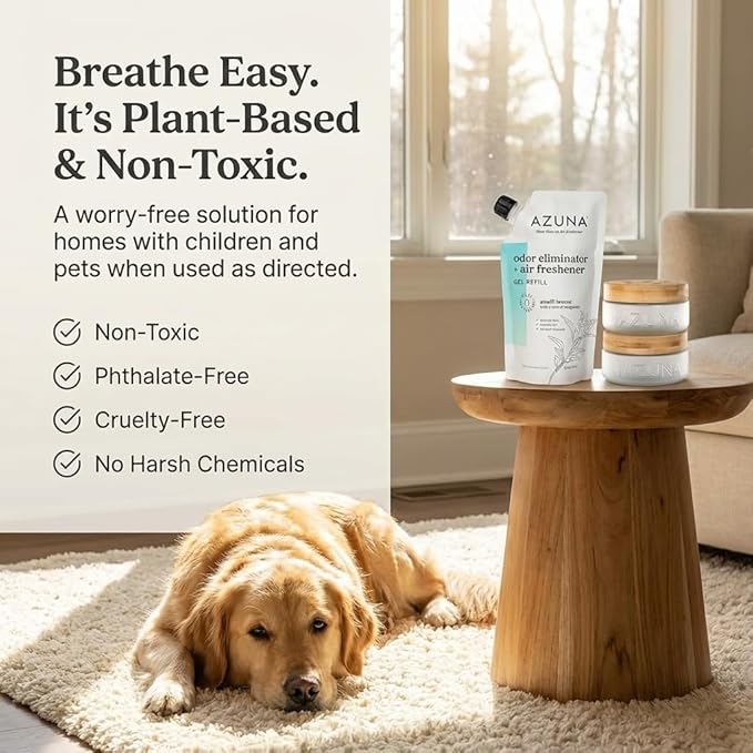 Azuna Air Freshener & Odor Eliminator for Strong Odor | 2 Room Kit Includes (2) 8 oz. Empty Luxe Glass Jars & 12 oz | Refill with Tea Tree Essential Oil Gel | Amalfi Breeze | Last 60-90 Days