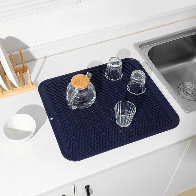 MicoYang Silicone Dish Drying Mat for Multiple Usage,Easy clean,Eco-friendly,Heat-resistant Silicone Mat for Kitchen Counter or Sink,Refrigerator or Drawer Liner Navy Blue XL 18 inches x 16 inches