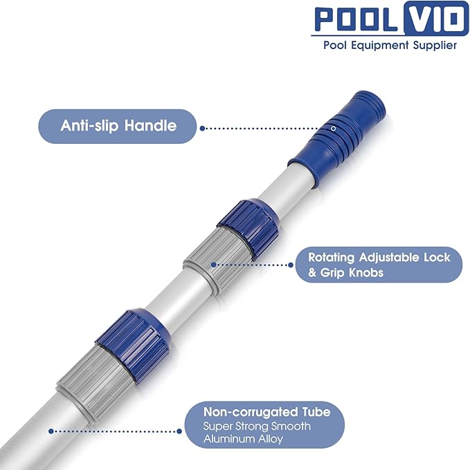 Poolvio 12 FT Telescopic Swimming Pool Pole - Adjustable 2 Piece Aluminum Pool Pole for Pool Cleaning Skimmer Nets Vacuum Heads & Brushes, Strong Grip & Lock