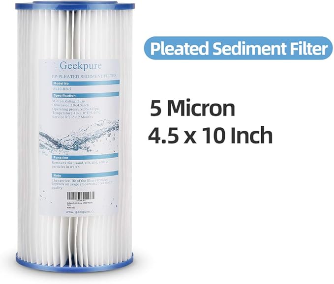 Geekpure 10-Inch Whole House Pleated PP Sediment Replacement Filter-4.5" x 10"-5 Micron-Pack of 4