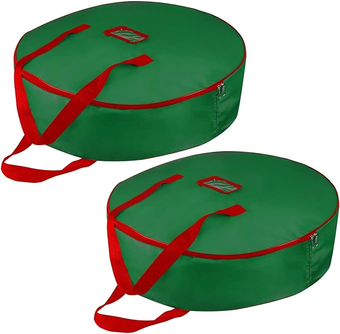 Christmas Wreath Storage Bag 25inch -Large Christmas Wreath Storage Container-Durable Oxford Fabric, Dual Zippered, Easy to Slip the Wreath in & Out, Protect Wreath Garlands from Dust-Green,Pack of 2