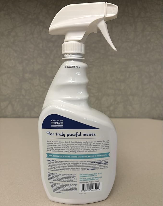Rocco & Roxie Extreme Stain & Odor Eliminator for Strong Odor, Pet Urine Enzyme Cleaner Destroyer, Stain Remover, Dog Poop and Cat Pee, Enzymatic Carpet Cleaner Spray for Home, Puppy Potty Training