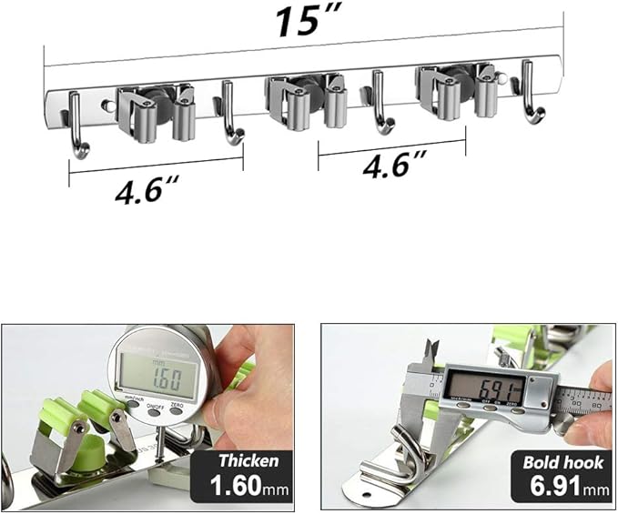 DGSL 4 PCS Broom Holder Wall Mount with 3 Racks 4 Hooks, Stainless Steel Wall Mounted Organizer Mop and Broom Storage Tool Rack for Home Kitchen Garden