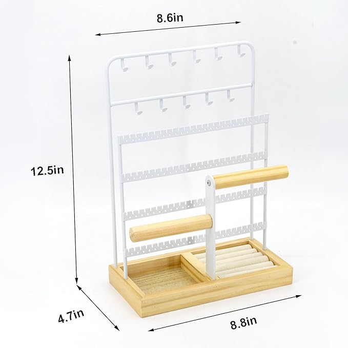 JONKASIPA Jewelry Holder Organizer Stand 4-Tier Necklace Stand Earring Holder with Wooden Tray, Jewelry Rack for Bracelets Watches and Rings Display Stand, Gifts for Women & Girls-White