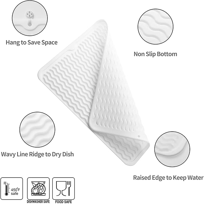 MicoYang Silicone Dish Drying Mat for Multiple Usage,Easy clean,Eco-friendly,Heat-resistant Silicone Mat for Kitchen Counter or Sink,Refrigerator or drawer liner White L 16 inches x 12 inches