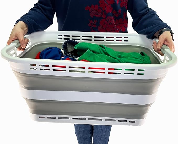 SAMMART 42L (11 Galloons) Collapsible Plastic Laundry Basket - Foldable Pop Up Storage Container/Organizer - Portable Washing Tub - Space Saving Hamper/Basket [BPA Free] (White/Grey (Set of 2))