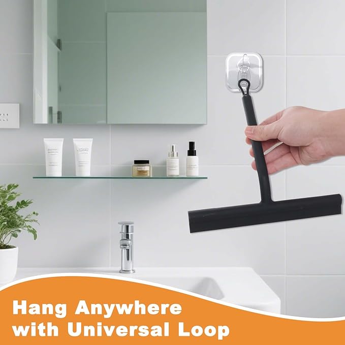 DEOFUXT Squeegee for Shower Glass Doors, Resilient Loop - No-Drill & Adhesive Hook, Silicone Shower Squeegee with Stainless Steel Core, Cleaning Tool for Home, Kitchen, Bathroom & Car - Black
