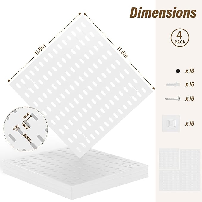 AKTOP Peg Board Wall Organizer 4-Pack – 12"x12" Plastic Pegboard Panels for Walls, White Desk Wall Mount Peg Board for Home, Office, Garage Tool Storage & Craft Room
