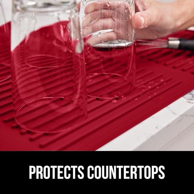 GORILLA GRIP 100% BPA-Free Patented Silicone Dish Drying Mat for Kitchen Counter, Water Catching Ribbed Design, Easy Clean Waterproof Sink Liner, Heat Resistant, Fits Under Rack, 11x13 Inch, Red