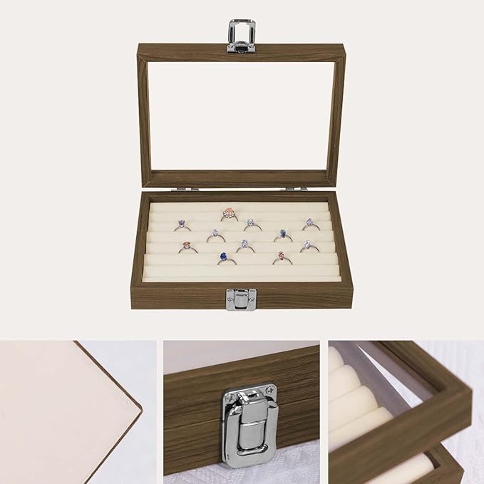 Stratalife Ring Box with Glass Lid Wood Jewelry Organizer for Women Ring Holder Display with Metal Clasp Velvet Lining Small Ring Tray for Jewelry Storage Beige