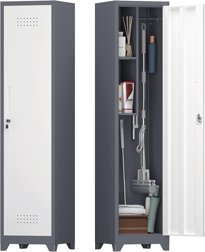 Narrow Storage Cabinet,Metal Slim Cabinet with Shelves,Utility Storage Cabinet with Hanging Rod,Tall Bathroom Storage Cabinets with Locking Door for Office, Gym, Garage,Grey