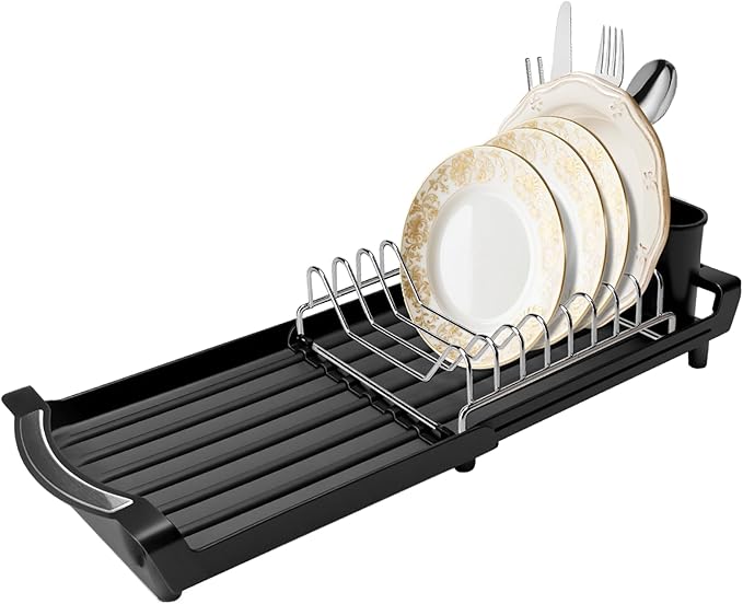 Dish Drying Rack Compact Expandable - A Space-Saving, Stainless Steel, Rust-Resistant Dish Drainer for Kitchen and Apartment Countertops/Sink Cabinets, Extendable from 11.42 to 19.9 inches(Black)
