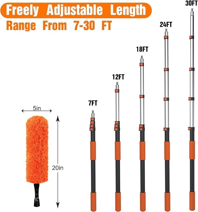 LAANPOLE 36FT High Reach Duster Cleaning Kit with Extension Pole, High Ceiling Fan Cleaner Duster Tool for Fan Blades, Window Washing Kit with Microfiber Feather Duster & Window Squeegee