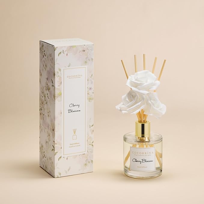 Cocorrína Reed Diffuser Set,6.7oz (200ml) Cherry Blossom Scented Diffuser with 3 White Rose Foam Flowers & Cotton Sticks, Home Fragrance Reed Diffuser for Bathroom Shelf Decor