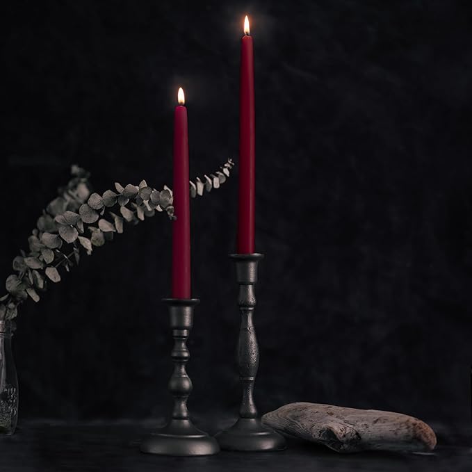 Bluecorn Beeswax Taper Candles, 100% Pure Natural Bees Wax, 8 Inch Pair, Burgundy Candlesticks, Unscented, Clean Burning & Dripless, Long Lasting, Thanksgiving & Christmas Decor, American Made, 1 Ct