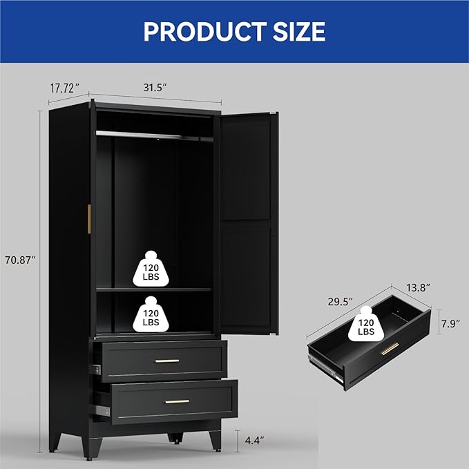 COFaR Metal Wardrobe Closet with Doors, 71'' Tall Farmhouse Bedroom Armoires with Drawers and Hanging Rod, Freestanding Steel Wardrobe Garage Closet for Bedroom Home Office Garage, Black