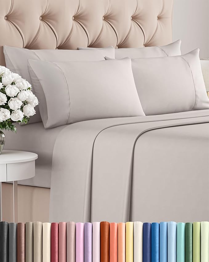 Full 6 Piece Sheet Set - Comfy Breathable & Cooling - Ultra-Soft Hotel Luxury Bedding Set with 8-16 Inch Deep Pockets - 1 Flat & 1 Fitted Sheet & 4 Pillowcases - Wrinkle Free & Easy Care - Light Grey