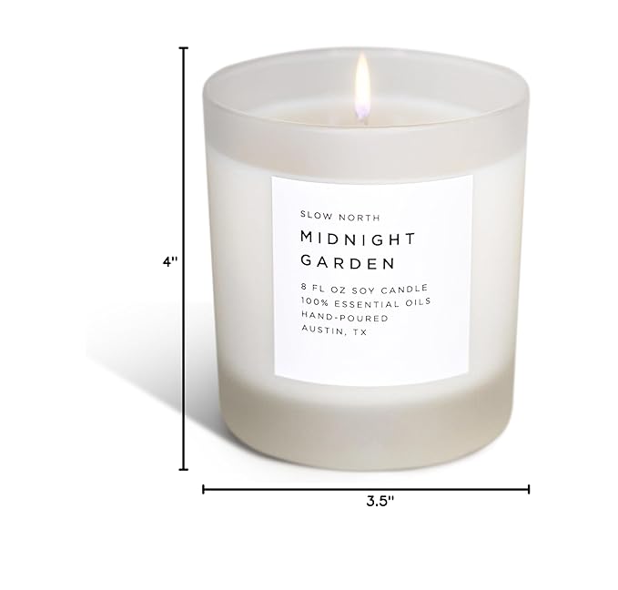 Slow North Midnight Garden Candle - Essential Oils and Pure Soy Wax Candle in a Reusable Frosted Glass Jar - A Unique Scented Candle Hand-Poured in The USA (8 oz)