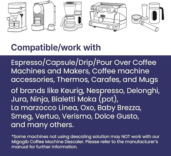 MIGOGIB Coffee Machine Descaler Descaling Solution - 17 fl. oz. (5 Uses), Compatible with Espresso, Capsule, Drip, Pour over machines, Coffee machine accessories, Pot, Thermos, and Carafes