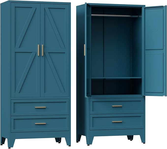COFaR Metal Wardrobe Closet with Doors, 71'' Tall Farmhouse Bedroom Armoires with Drawers and Hanging Rod, Freestanding Steel Wardrobe Cabinet Coat Closet for Bedroom Home Office Garage, Peacock Blue