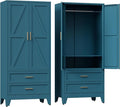 COFaR Metal Wardrobe Closet with Doors, 71'' Tall Farmhouse Bedroom Armoires with Drawers and Hanging Rod, Freestanding Steel Wardrobe Cabinet Coat Closet for Bedroom Home Office Garage, Peacock Blue