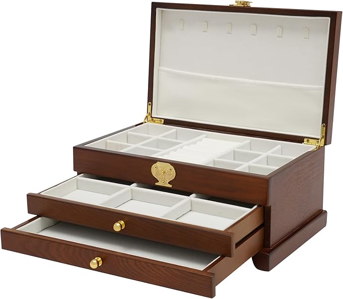 Eapmic Extra Large 3 Layers Wooden Jewelry Box Jewelry Case Cabinet Armoire Ring Necklacel Gift Storage Box Organizer(3 Layers,Brown)